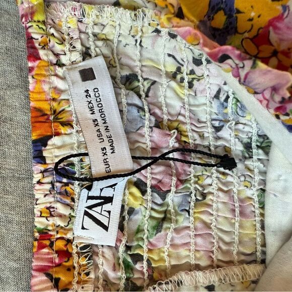 Sz XS Zara Smocked Scrunched Stretchy Pink Purple Yellow Pearl Detail Blouse - Picture 5 of 9